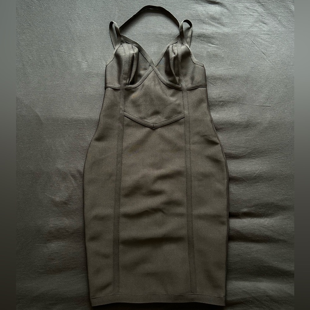 Medium Black V Neck, Halter Spaghetti Strap, Knee Length Bandage Dress